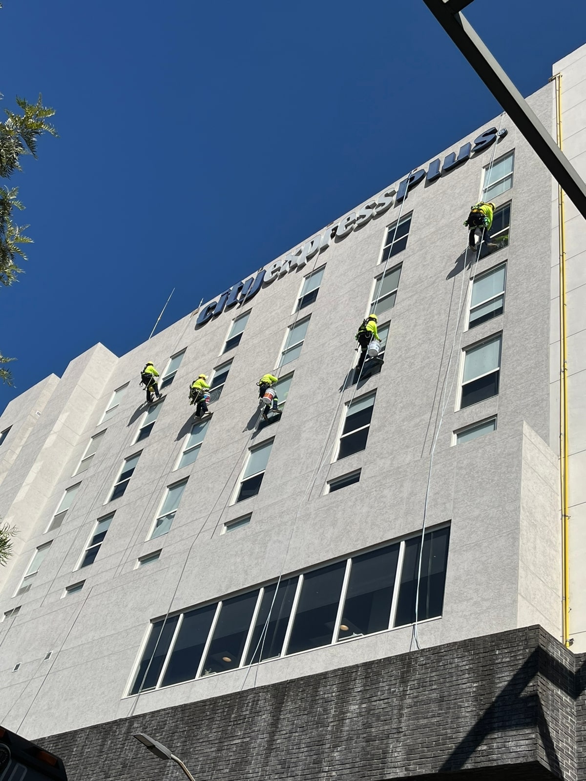 Equipo-profesional-realizando-limpieza-de-cristales-en-altura-en-edificio-corporativo